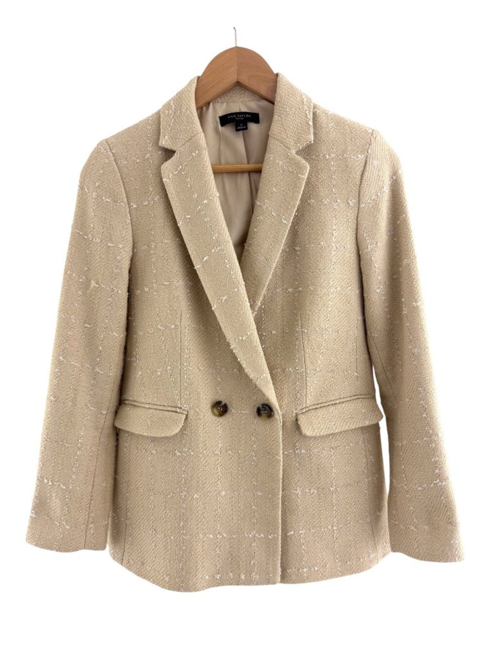 Ann Taylor Beige Creme Tweed Double-Breasted Petite Blazer Size 4P Jacket Pocket